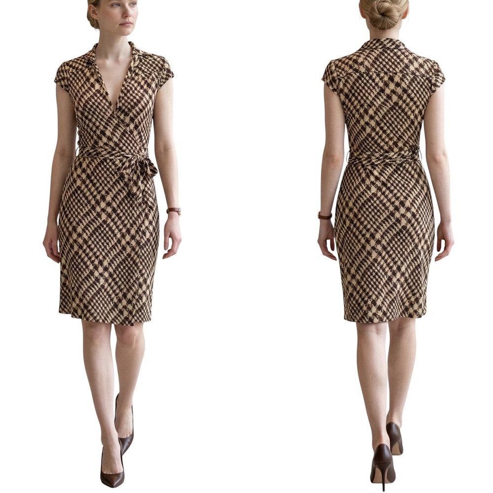 Diane‎ von Furstenberg Wrap Dress Womens 6 Brown Silk Houndstooth Cap Sleeve DVF